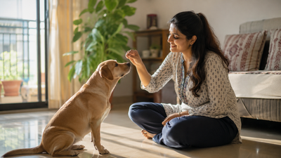 Indian pet parent rewarding her dog with a treat during positive reinforcement training at home