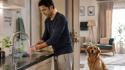 Indian pet parent washing hands after handling dog waste to prevent bacterial spread