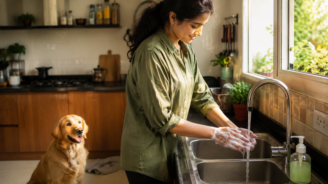 Indian pet parent washing hands after handling dog waste to prevent bacterial spread
