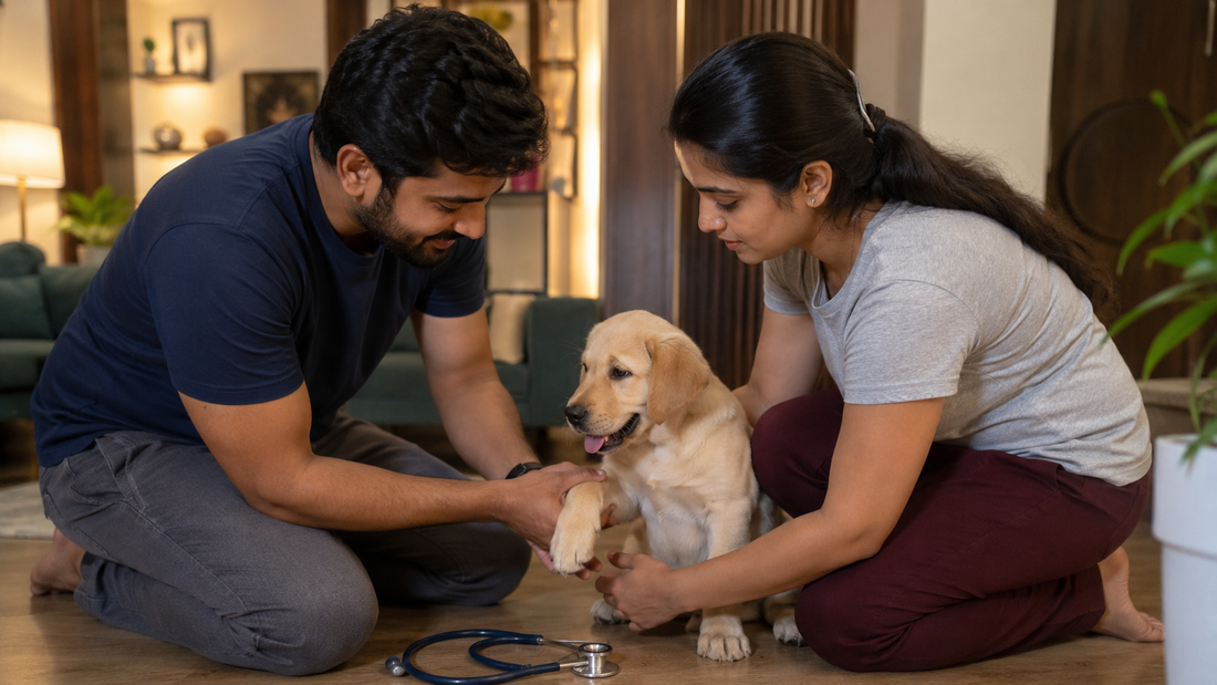 Indian pet parents examining their Labrador puppy's joints at home -- guide to congenital bone disorders in dogs before buying a puppy.