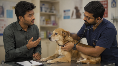 Indian vet taking a behavioural history from a dog owner during a behaviour problem diagnosis.