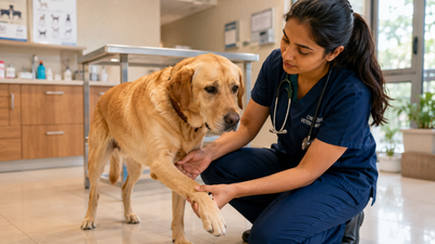 Indian veterinarian examining a Labrador Retriever's limping leg in a veterinary clinic - dog lameness diagnosis guide.