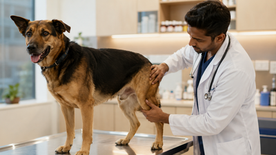  Indian veterinarian examining a Labrador's hip joint — bone and joint disorders in dogs 