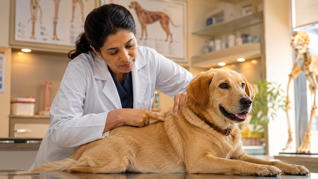  Indian veterinarian examining a dog's spine during a neurological assessment — illustrating the spinal cord regions of a dog's nervous system.