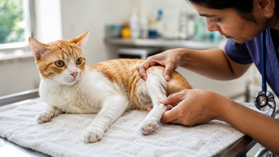 Indian veterinarian gently checking a cat's hind leg for pain and swelling during an exam