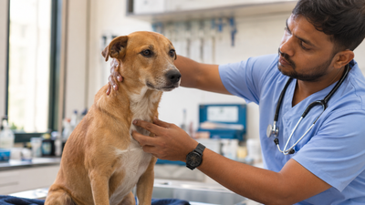 Indian veterinarian gently checking a dog's neck and head for signs of pain during a clinical exam