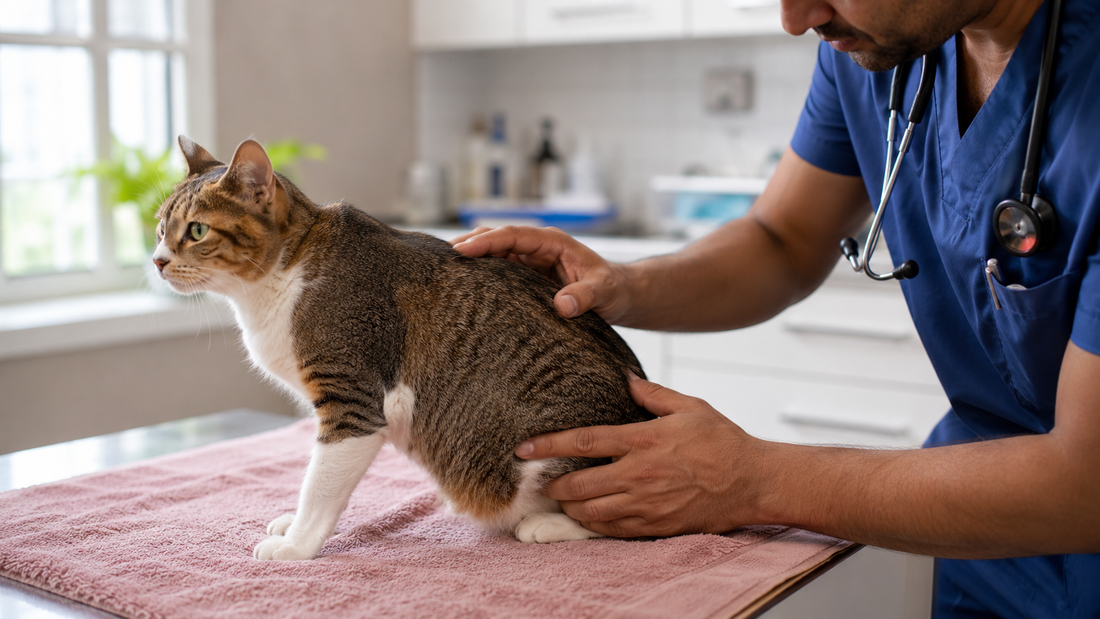 Indian veterinarian gently examining a Manx-type tailless cat's spine and hind legs during a check-up