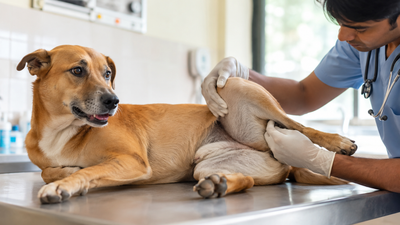 Indian veterinarian gently examining a dog's hind legs and spine during a neurological exam in a clinic
