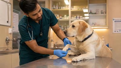 Indian veterinarian performing neurological exam on a Labrador Retriever in a veterinary clinic