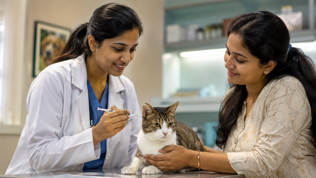 Indian veterinarian vaccinating a calm pet cat at a clinic with the cat parent watching
