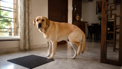 Labrador Retriever showing toe-touching rear-leg lameness — a characteristic sign of CCL tear in dogs 