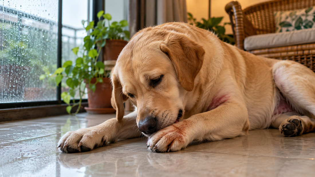 Labrador dog with atopic dermatitis licking its paw showing saliva staining, in an Indian home during monsoon