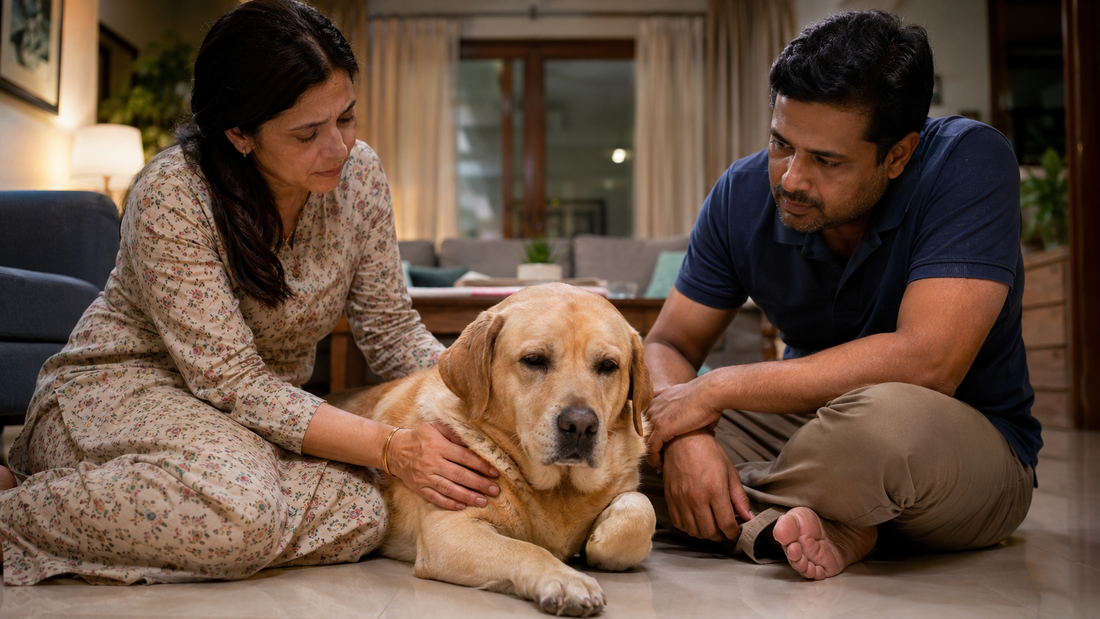  Large-breed dog with front leg lameness with concerned Indian owners — signs of osteosarcoma bone cancer in dogs