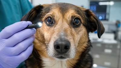  Close-up of a dog's face showing widely dilated pupils that do not respond to light -- the hallmark ophthalmological sign of canine dysautonomia 