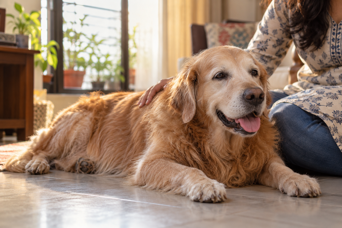 Middle-aged Golden Retriever with a dull coat resting at home, a common early sign of hypothyroidism in dogs.