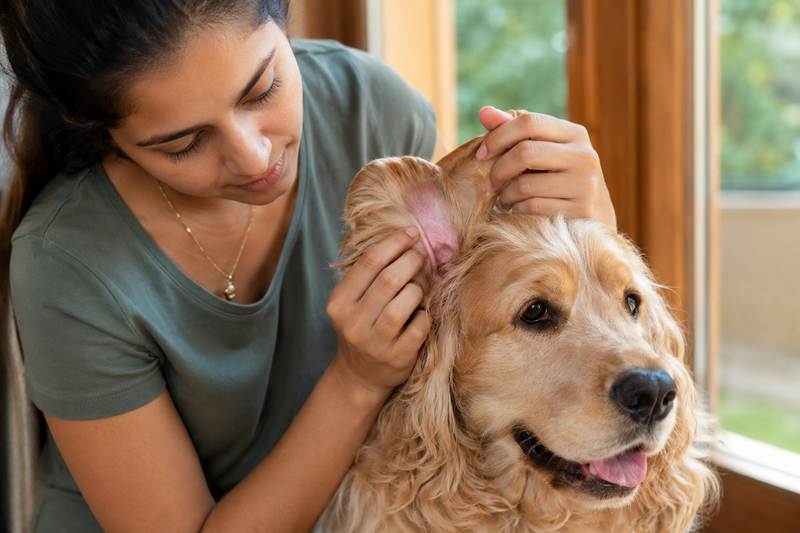 Owner checking a dog's ear for early signs of infection