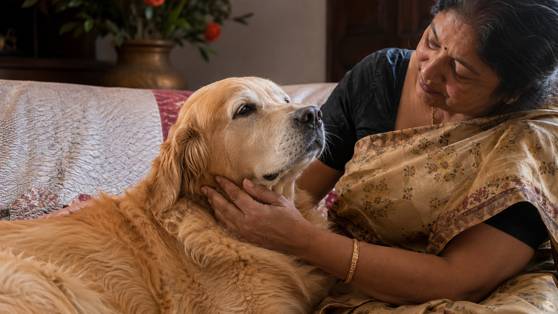  Owner gently checking an older Golden Retriever's neck for swollen lymph nodes, a key sign of lymphoma in dogs.