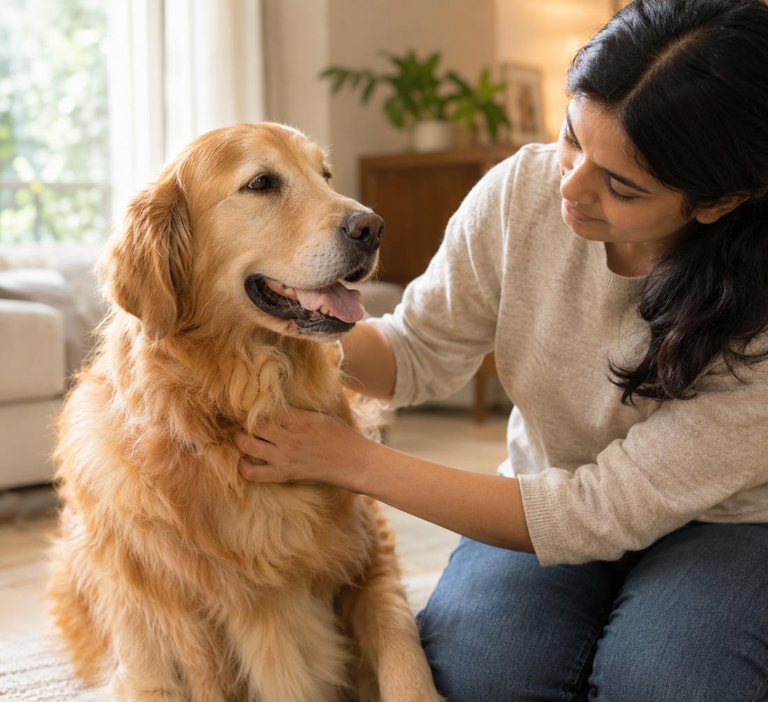 Owner gently checking their dog's coat, representing early detection of hormonal disorders in dogs.