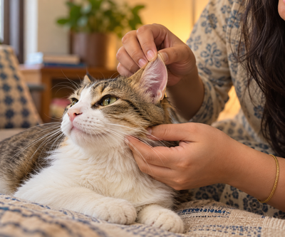 Person gently checking a calm cat's ear, illustrating routine ear health monitoring