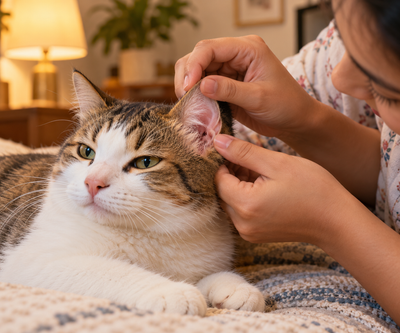 Person gently inspecting a calm cat's ear at home, illustrating routine ear health checks.