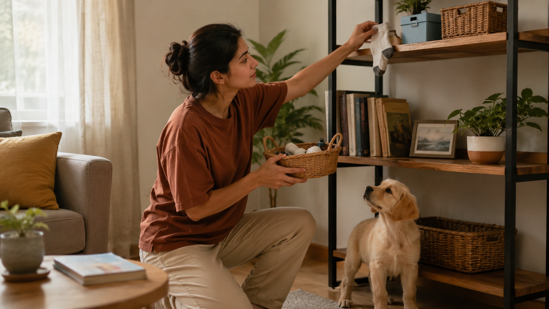 Person moving household items out of a puppy's reach to prevent foreign body ingestion