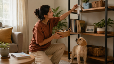 Person moving household items out of a puppy's reach to prevent foreign body ingestion