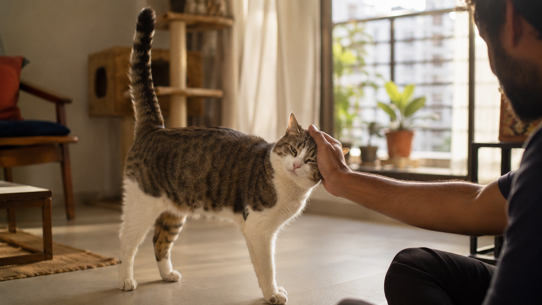 Pet cat with tail up rubbing against its owner's hand in an Indian home, a normal friendly cat social behaviour