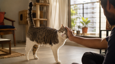 Pet cat with tail up rubbing against its owner's hand in an Indian home, a normal friendly cat social behaviour