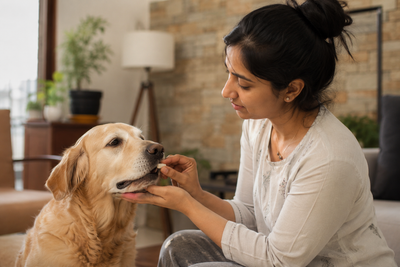 Pet owner giving a heart medication tablet to a calm senior dog at home.
