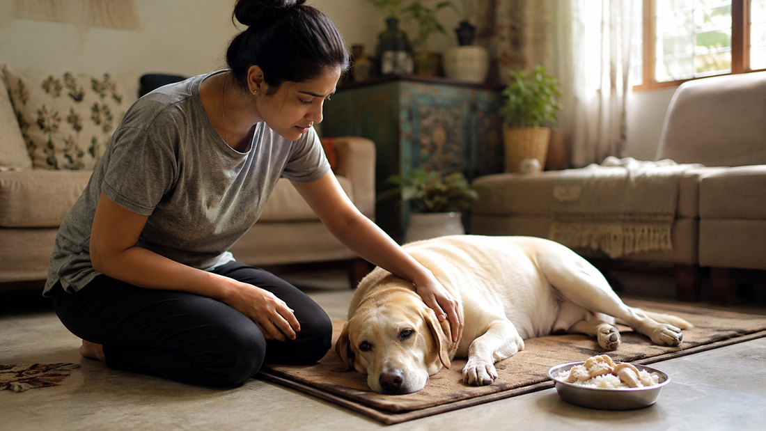Pet parent caring for a dog recovering from diarrhoea with a bland diet at home