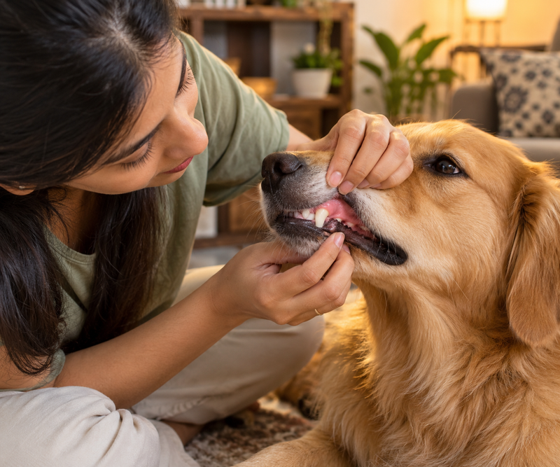  Pet parent checking a dog's gum colour at home, a simple way to spot early signs of anemia.