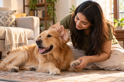  Pet parent checking a dog's paws and ears for signs of skin allergies at home.