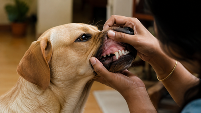  Pet parent checking a dog's pink gum colour at home to spot anemia and red blood cell problems