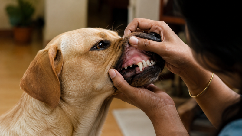  Pet parent checking a dog's pink gum colour at home to spot anemia and red blood cell problems
