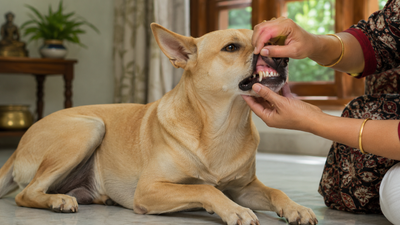  Pet parent checking an Indian dog's gum colour at home to spot signs of anemia and blood disorders