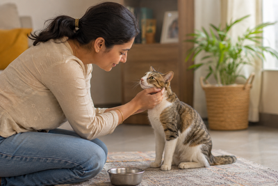 Pet parent checking on a cat after a vomiting episode at home