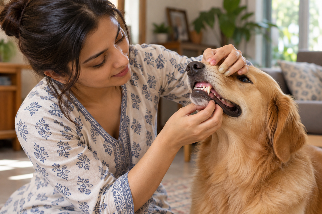 Pet parent checking their dog's gums and face at home, representing awareness of anaphylaxis warning signs in dogs.