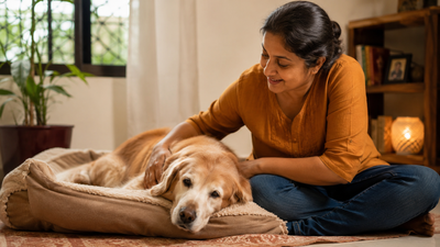 Pet parent comforting a senior dog at home, illustrating supportive care for a dog with a brain tumour.