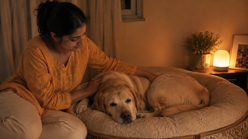 Pet parent comforting a senior dog at night, illustrating supportive care for canine cognitive dysfunction.