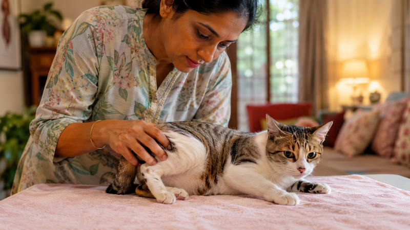 Pet parent gently checking a cat for signs of hidden nerve pain