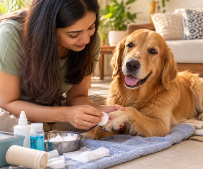 Pet parent gently cleaning a minor wound on a dog's paw, supporting the body's natural infection-fighting process.