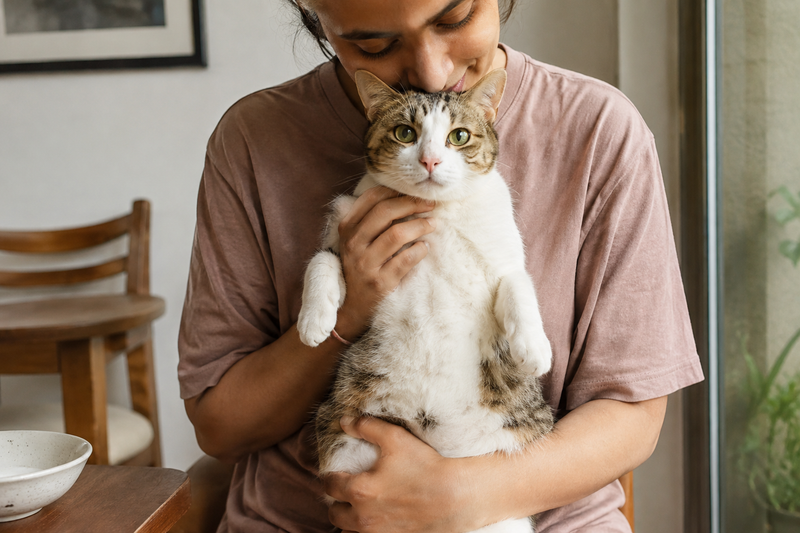 Pet parent holding a cat upright after a meal, illustrating the feeding position used to manage megaesophagus.