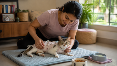 Pet parent providing home nursing care for a cat recovering from a nervous system condition.