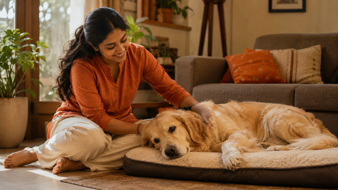 Pet parent sitting calmly with their dog at home, illustrating supportive care for a dog with epilepsy.