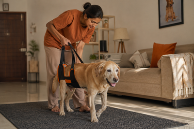 Pet parent supporting a senior dog with a rear harness at home, illustrating supportive care for degenerative myelopathy.