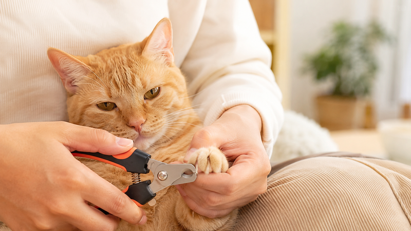 Pet parent trimming a cat's nails at home, illustrating routine prevention of ingrown and broken nails