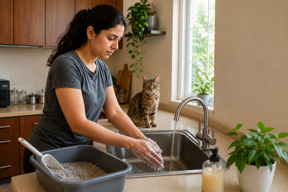 Pet parent washing hands after handling a cat's litter box to prevent bacterial spread
