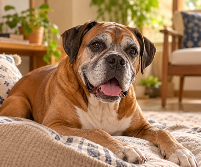 Senior Boxer resting comfortably at home, representing a breed predisposed to lymphoma.