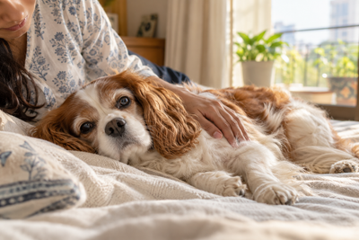 Senior Cavalier King Charles Spaniel dog resting at home while owner checks on their breathing, representing congestive heart failure care in dogs.
