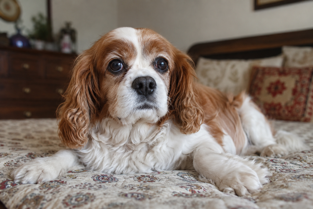 Senior Cavalier King Charles Spaniel resting comfortably, representing a breed prone to degenerative valve disease.